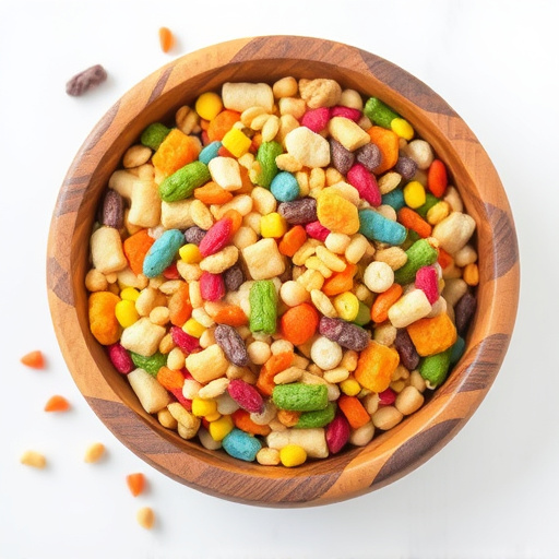 Colourful bird food mix in wooden bowl