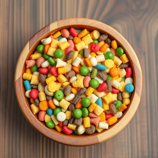 Colourful bird food mix in wooden bowl