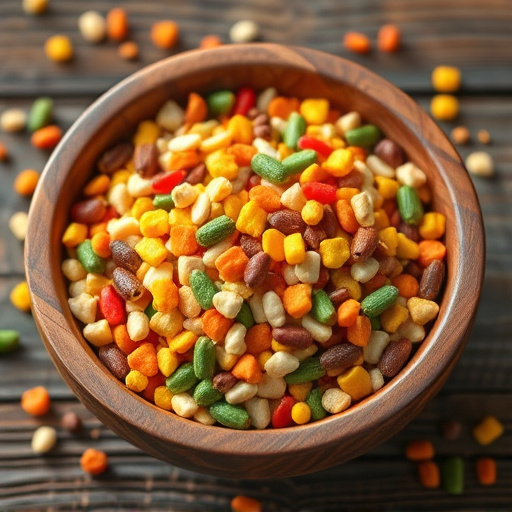 Colourful bird food mix in wooden bowl