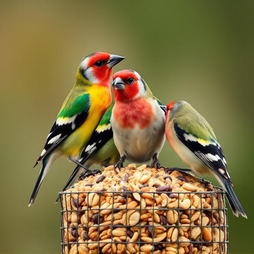 Colourful finches perched near seed mix