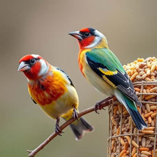 Colourful finches perched near seed mix