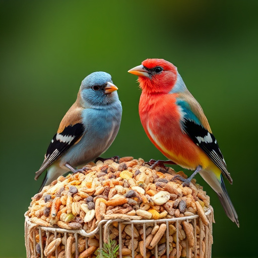 Colourful finches perched near seed mix