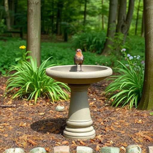 Concrete bird bath in natural woodland setting