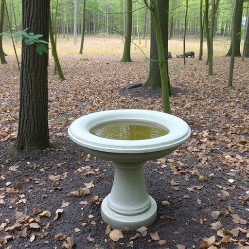 Concrete bird bath in natural woodland setting