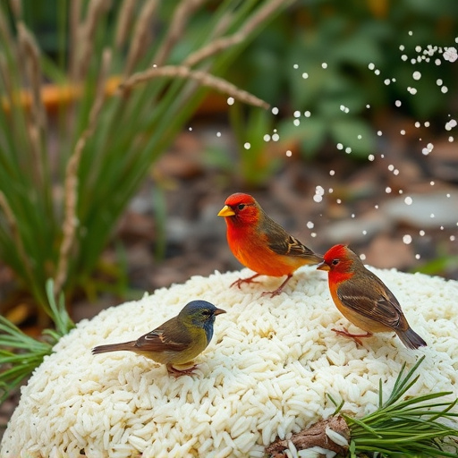 Cooked rice scattered for garden birds