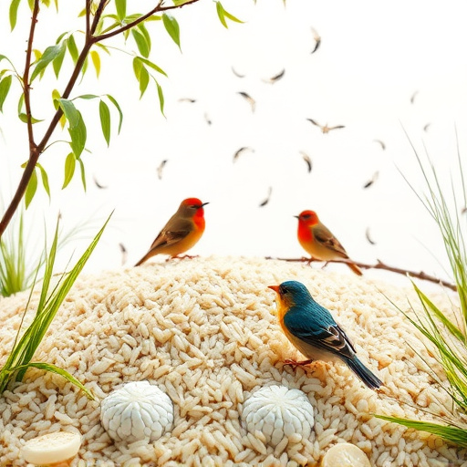 Cooked rice scattered for garden birds