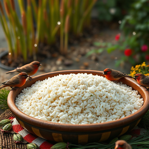 Cooked rice scattered for garden birds