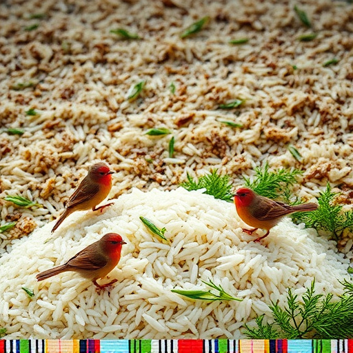 Cooked rice scattered for garden birds