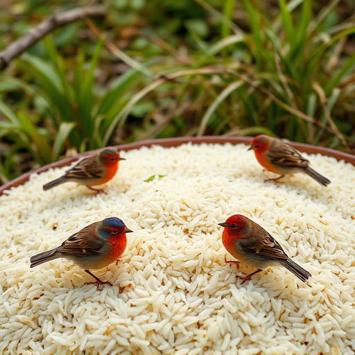 Cooked rice scattered for garden birds