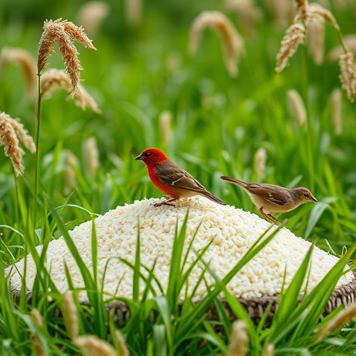 Cooked rice scattered for garden birds
