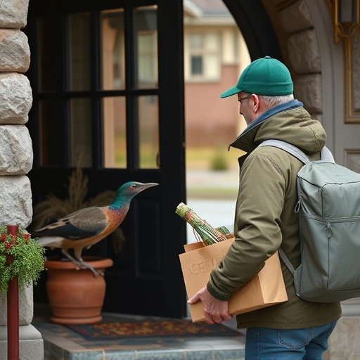 Courier placing bird food at entrance