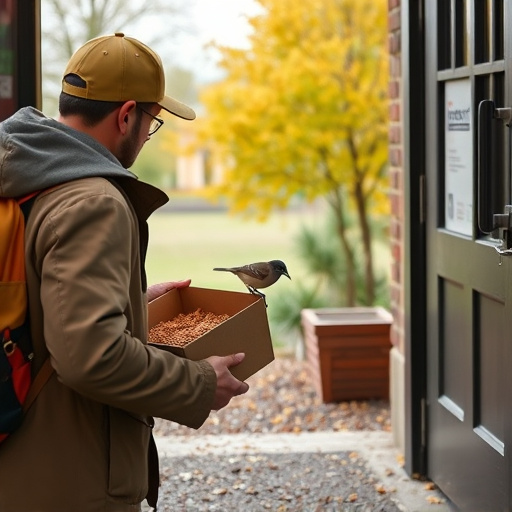 Courier placing bird food at entrance