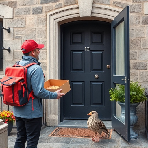 Courier placing bird food at entrance