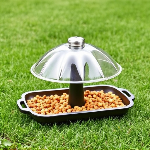 Covered tray feeder on garden lawn