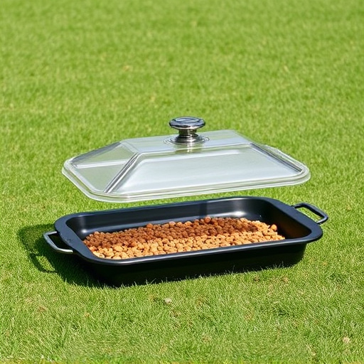 Covered tray feeder on garden lawn