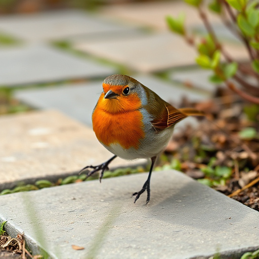 Curious robin hopping on patio stones