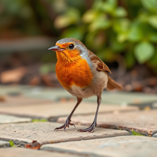 Curious robin hopping on patio stones