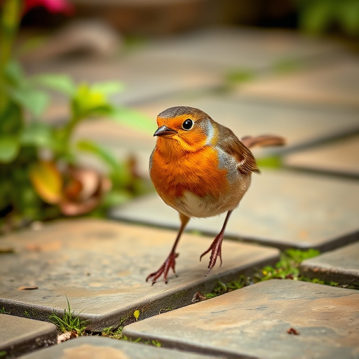 Curious robin hopping on patio stones