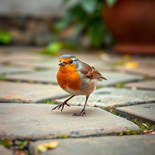 Curious robin hopping on patio stones