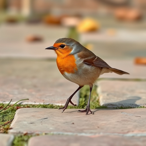 Curious robin hopping on patio stones