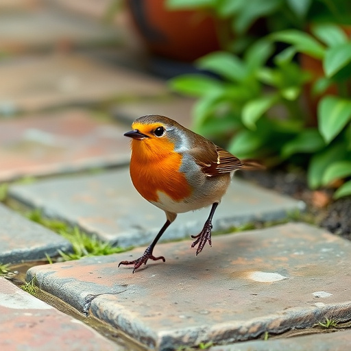 Curious robin hopping on patio stones