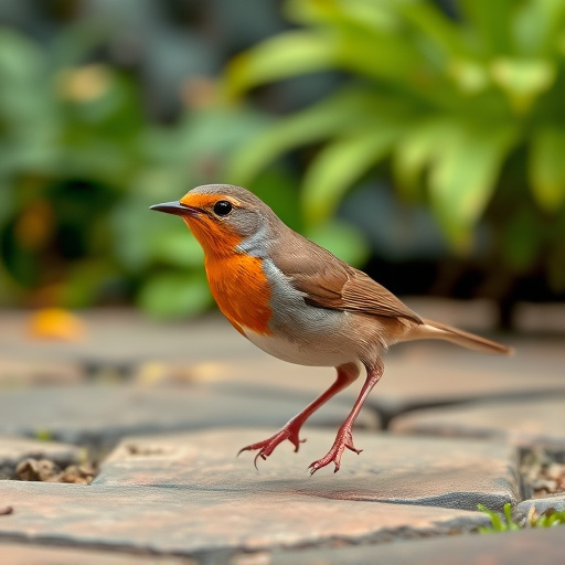 Curious robin hopping on patio stones
