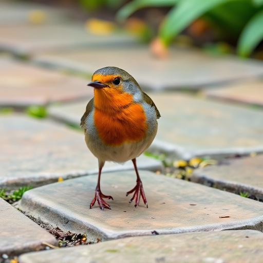 Curious robin hopping on patio stones