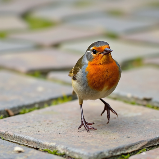 Curious robin hopping on patio stones