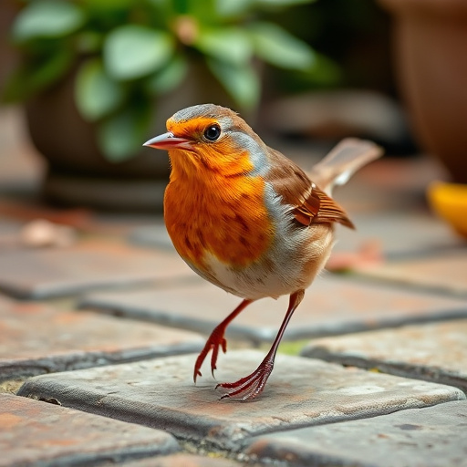 Curious robin hopping on patio stones
