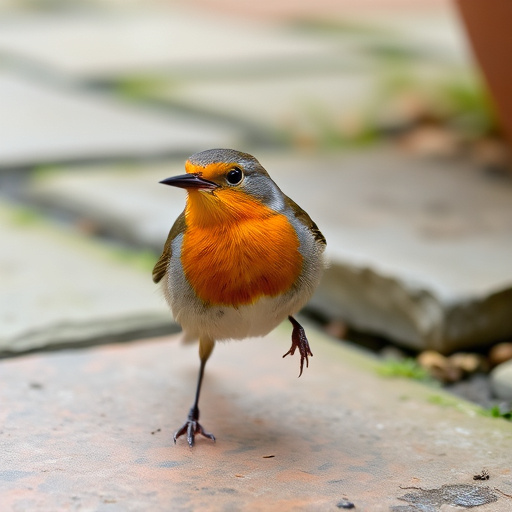 Curious robin hopping on patio stones