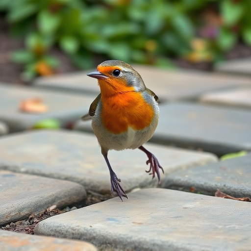 Curious robin hopping on patio stones