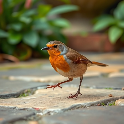 Curious robin hopping on patio stones
