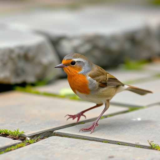Curious robin hopping on patio stones