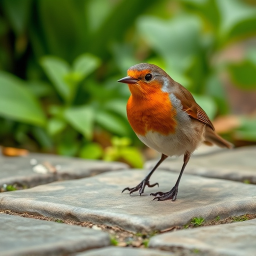 Curious robin hopping on patio stones