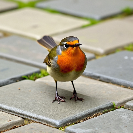 Curious robin hopping on patio stones
