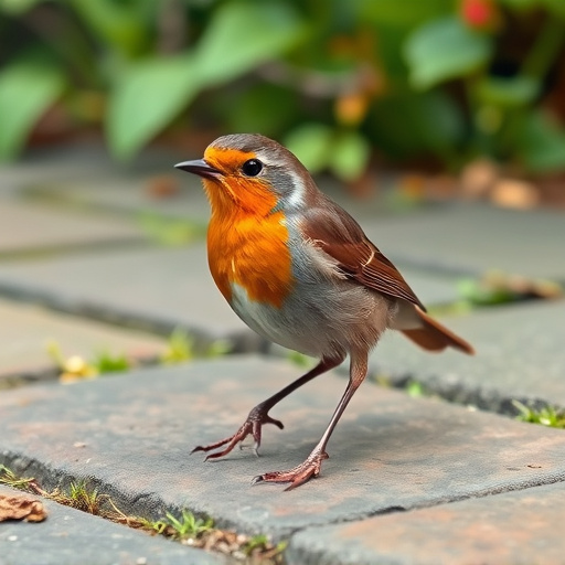 Curious robin hopping on patio stones