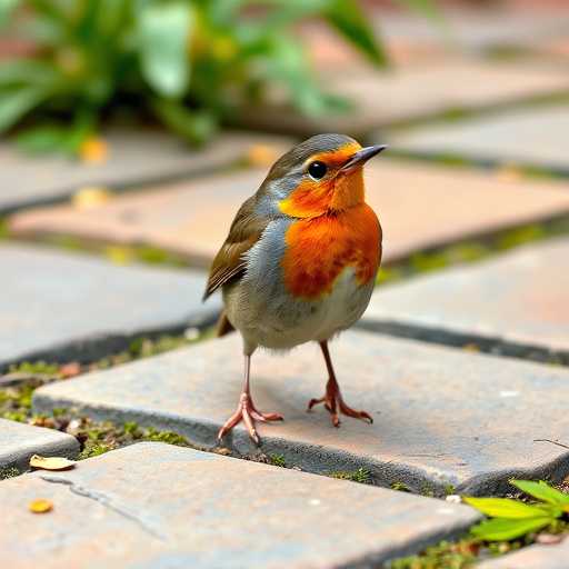 Curious robin hopping on patio stones