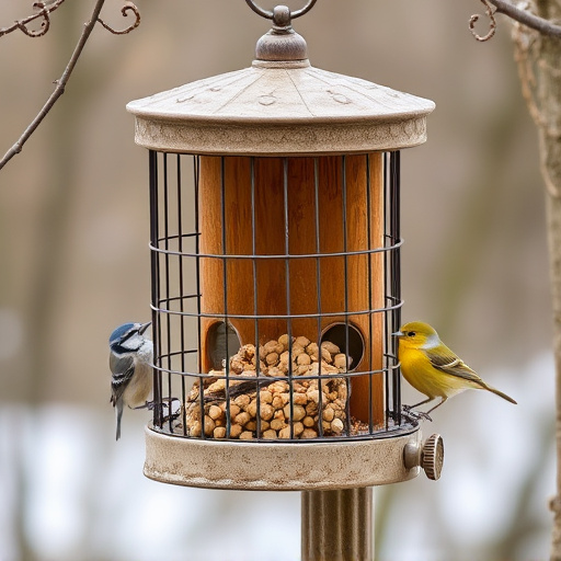 Cylindrical suet cage beside bird table