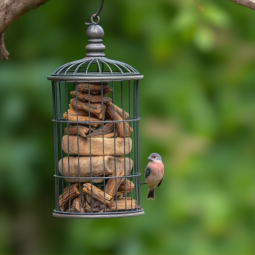 Cylindrical suet cage beside bird table