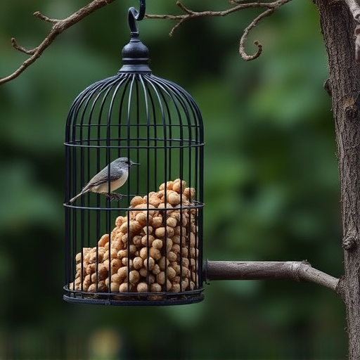 Cylindrical suet cage beside bird table