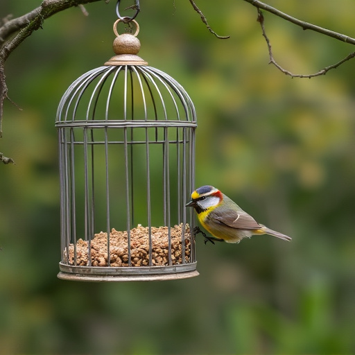 Cylindrical suet cage beside bird table