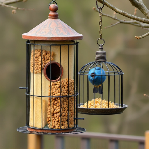 Cylindrical suet cage beside bird table