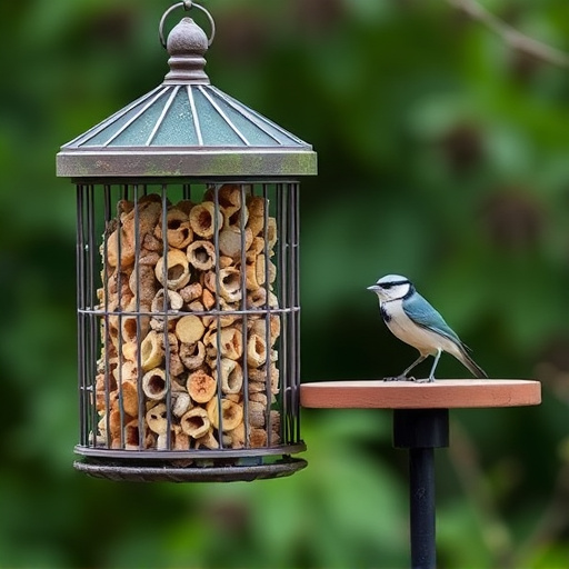Cylindrical suet cage beside bird table