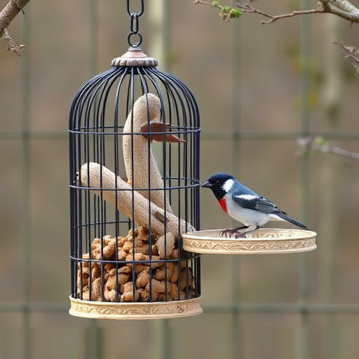 Cylindrical suet cage beside bird table