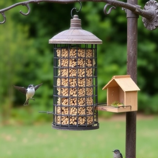 Cylindrical suet cage beside bird table
