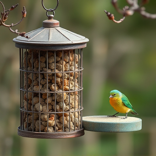 Cylindrical suet cage beside bird table