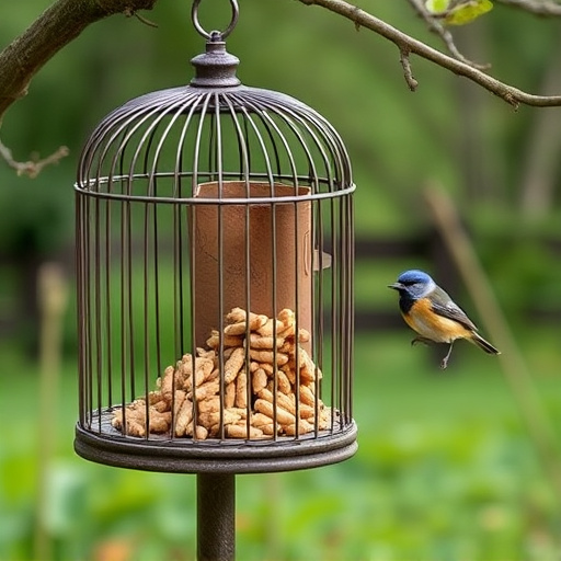Cylindrical suet cage beside bird table