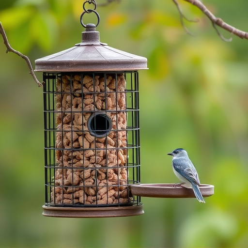 Cylindrical suet cage beside bird table