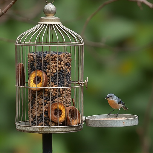 Cylindrical suet cage beside bird table