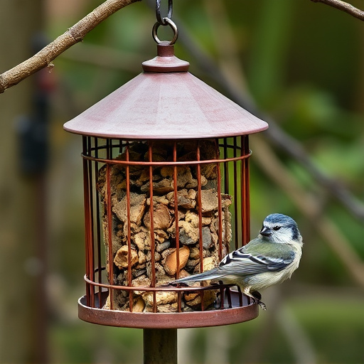 Cylindrical suet cage beside bird table